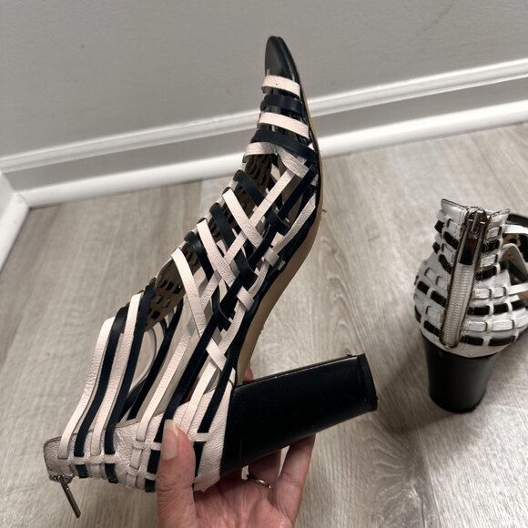 Banana Republic Shoes Womens Size 9 Black White Woven Strappy Heeled Sandals Zip - Picture 8 of 11